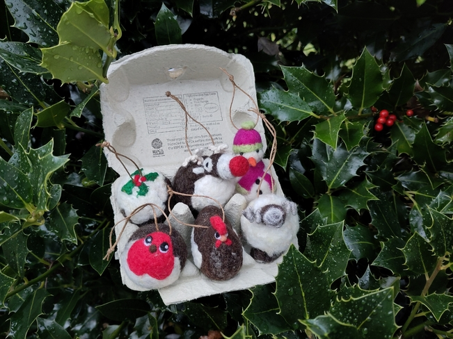 Six needle-felted decorations within an eggbox, sat amongst a holly bush. Decorations include a Christmas pudding, a robin, a snowman and a reindeer.