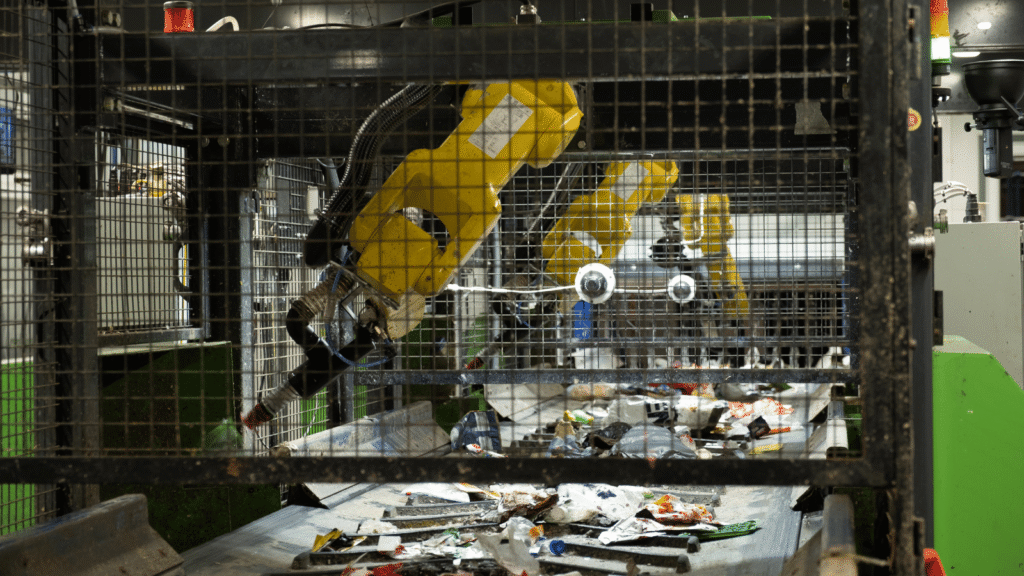 Robotic sorting arms developed by Recycleye in operation at J&B Recycling’s Hartlepool MRF, separating food and beverage cartons for recycling.